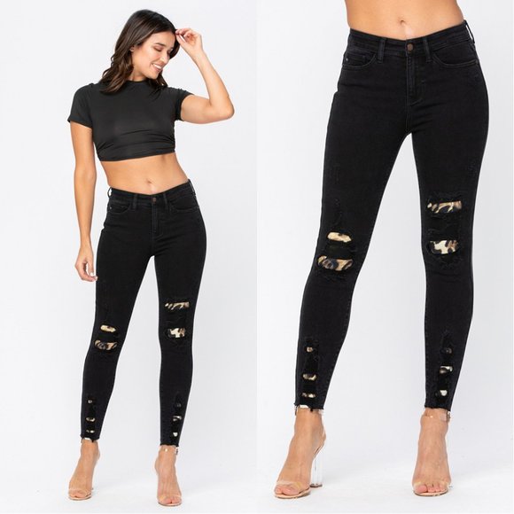 Judy Blue Black Destroyed Leopard Patch Jeans - Picture 1 of 9